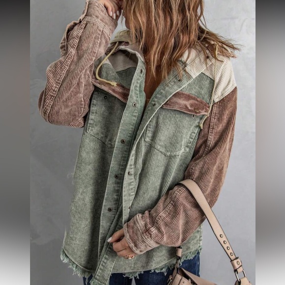 Boho Cozy Color Block Oversized Corduroy Hoodie Jacket Shacket Button Down Shirt - Picture 4 of 4